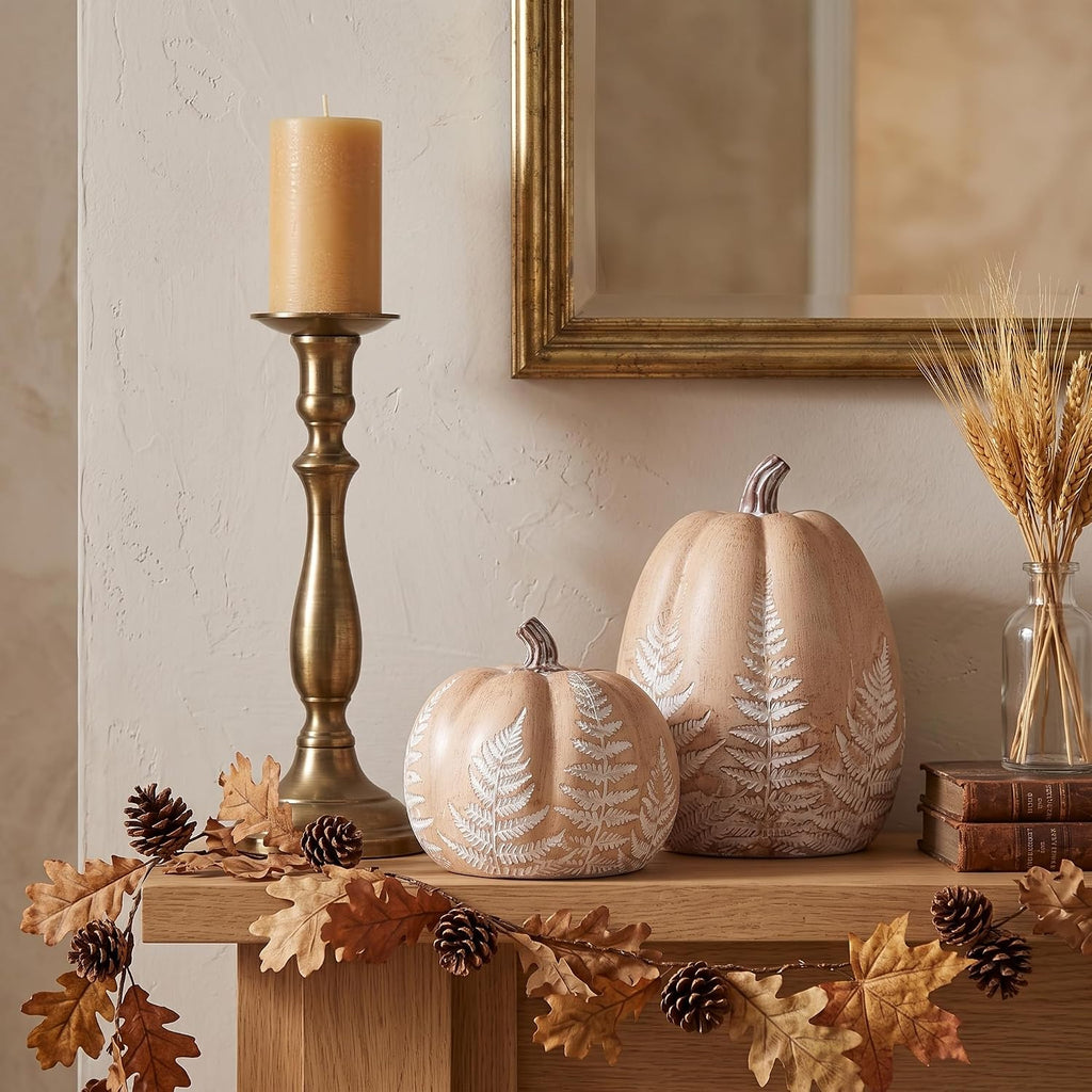 Fall Pumpkins for Decorating, Brown Resin Pumpkin Decor with Leaves Pattern - Set of 2