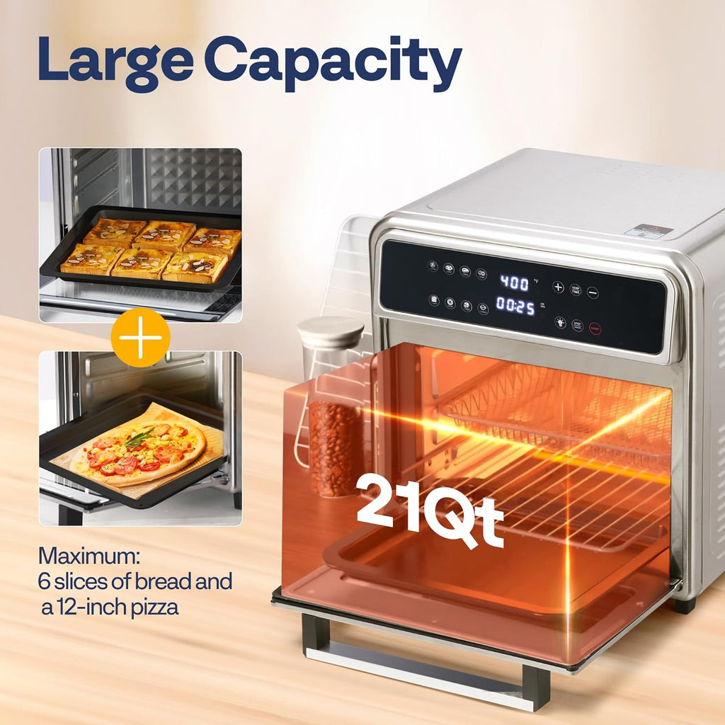 21 Qt Air Fryer Toaster Oven Combo, 8-in-1 Convection Oven Countertop with Rotisserie and Dehydrator, Stainless Steel