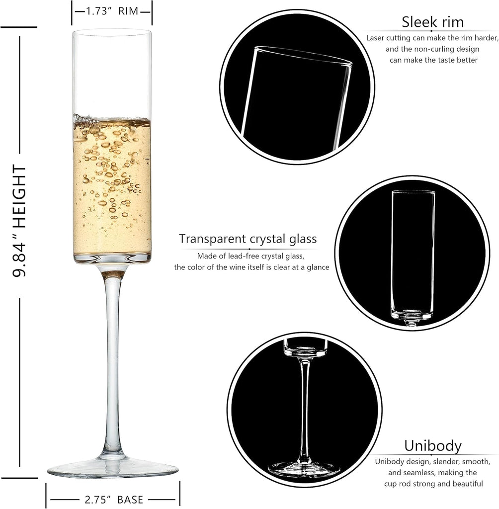 Crystal Champagne Flutes Set of 6 - Hand Blown Champagne Glasses With Long Stem - 6.5 oz Elegant Sparkling Wine