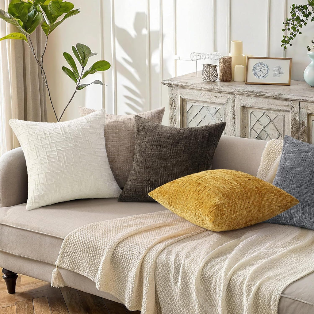 Summer Cream White Chenille Throw Pillow Covers 18x18 Set of 2 Textured Cozy Slubby Couch Pillow Covers Modern