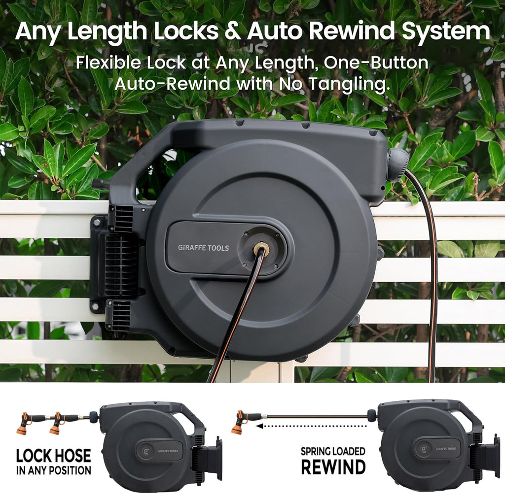 Retractable Garden Hose Reel 5/8"115FT Wall Mount Auto Rewind | Any Length Lock,Auto Rewind System,180° Swivel