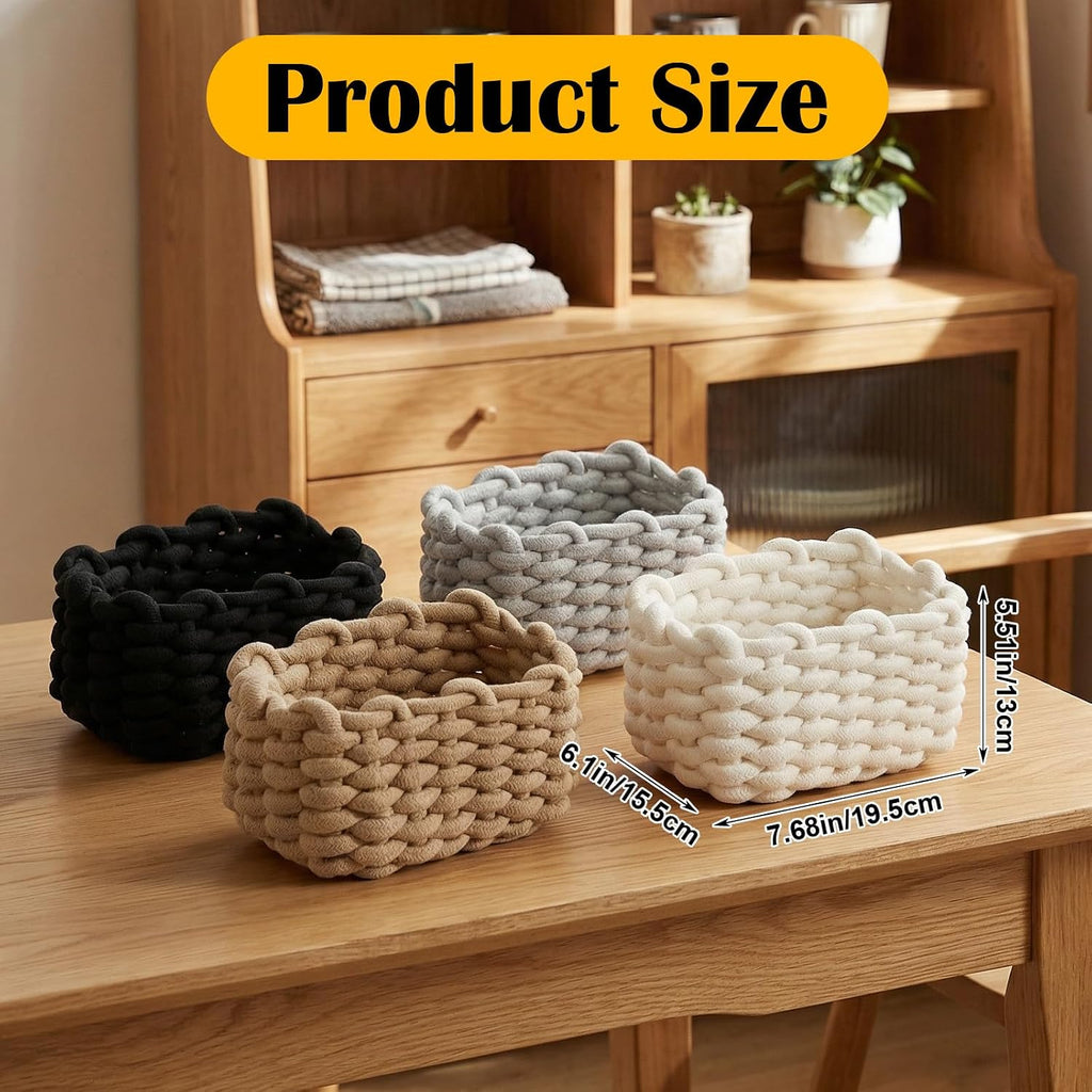 Small Woven Decorative Baskets, 4pcs Mini Cotton Rope Basket Set for Storage, Woven Square Baskets for Organizing