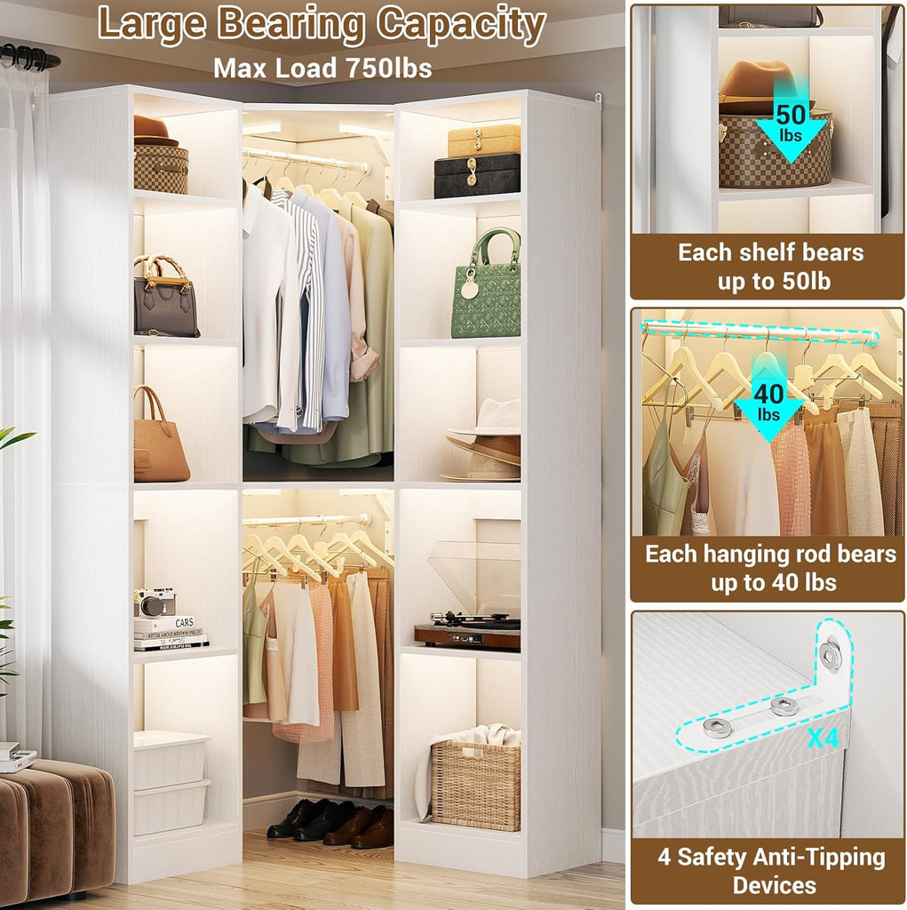 Corner Closet System with 12 Shelves, 39.2" Corner Closet Organizer | Corner Closet Tower with 2 Hanging Rods