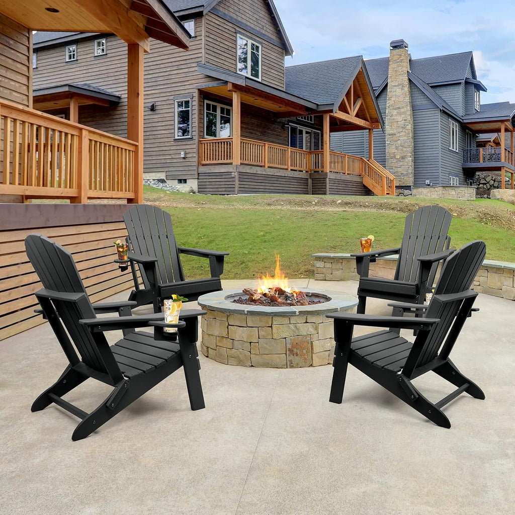 Folding Adirondack Chair Set of 4, Fire Pit Chairs with Cup Holder | HDPE All Weather, Quick-Folding, No Rot or Rust