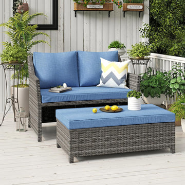 Wicker Patio Loveseat w/Storage Ottoman, 2 Pcs, Navy Blue | 2-Seat Outdoor Couch,w/Soft Cushions & Built-in Storage