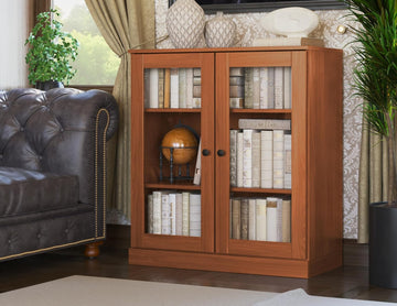 Solid Wood Bookcase - 32" Wide x 36" Short - Mocha, Wooden Bookshelf - Small Display Cabinet, Bookcase with Glass