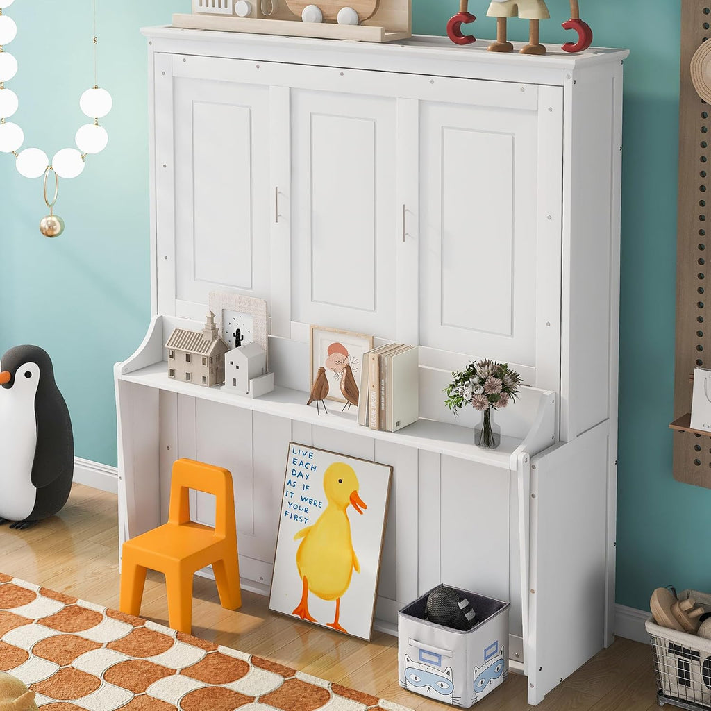 Queen Murphy Bed with Desk, Wood Hideaway Wall Bed Cabinet with Storage Shelves, Space-Saving Vertical Murphy Bed