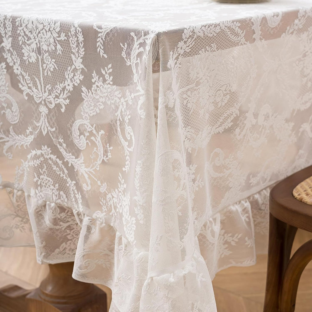 White French Lace Ruffle Tablecloth 60 x 102 Inch with Ruffled Edge, Fits Round and Rectangular Tabl