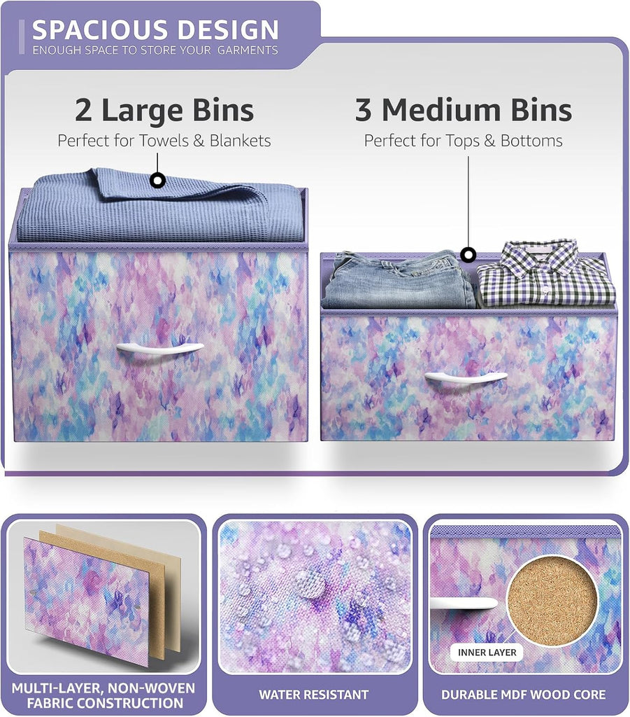 Kids Dresser with 5 Drawers - Storage Chest Organizer Unit with Steel Frame, Wood Top & Handles, Tie-dye Fabric Bins