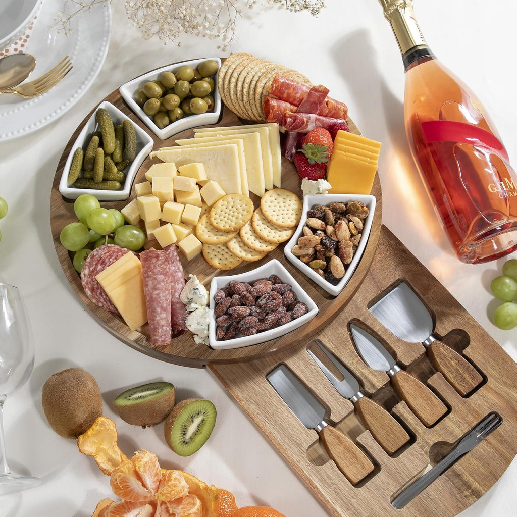 Acacia Cheese Board & Knife Set, Round Charcuterie Board with Ceramic Bowls, Hidden Slide-Out Drawer & Serving