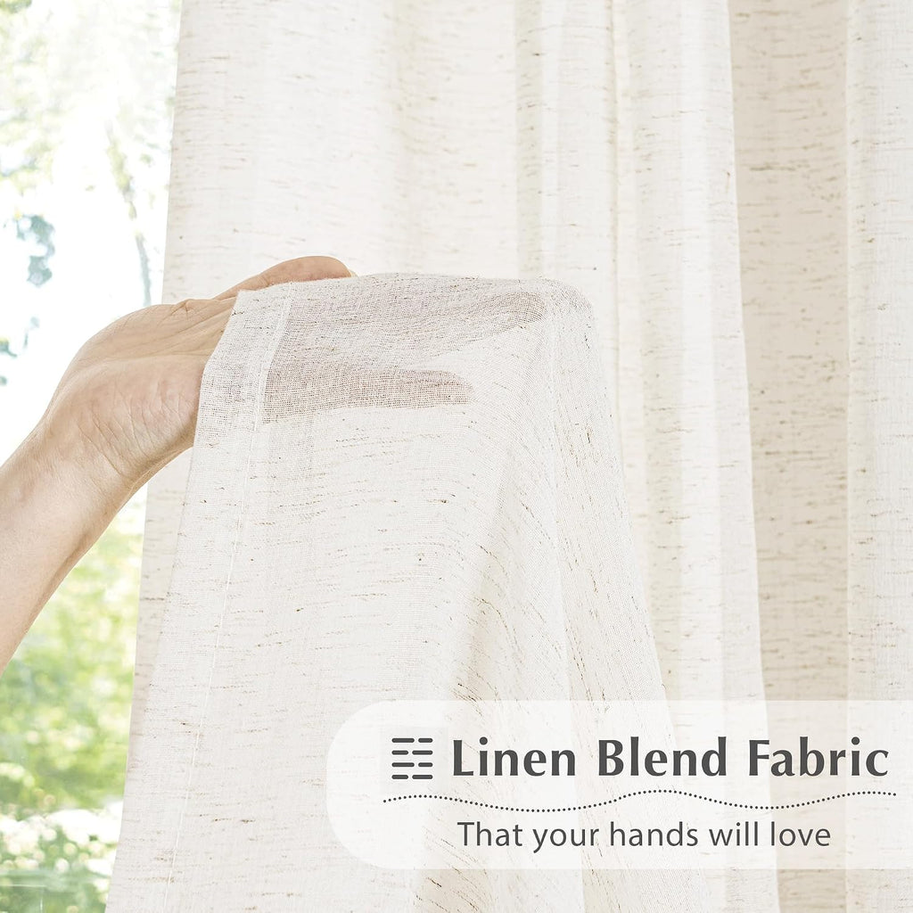Linen Sheer Pinch Pleated Curtains, Linen Flax Beige 96 Inches Long Sheer Curtain Panels, Natural Back Tab Window