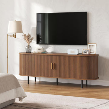 55" Mid-Century Modern TV Stand with Power Outlet, Entertainment Center for TVs up to 60", TV Stand Cabinet with Storage for Living Room, Kitchen/Entryway,Adjustable Shelves,Easy Assembly (Walnut)