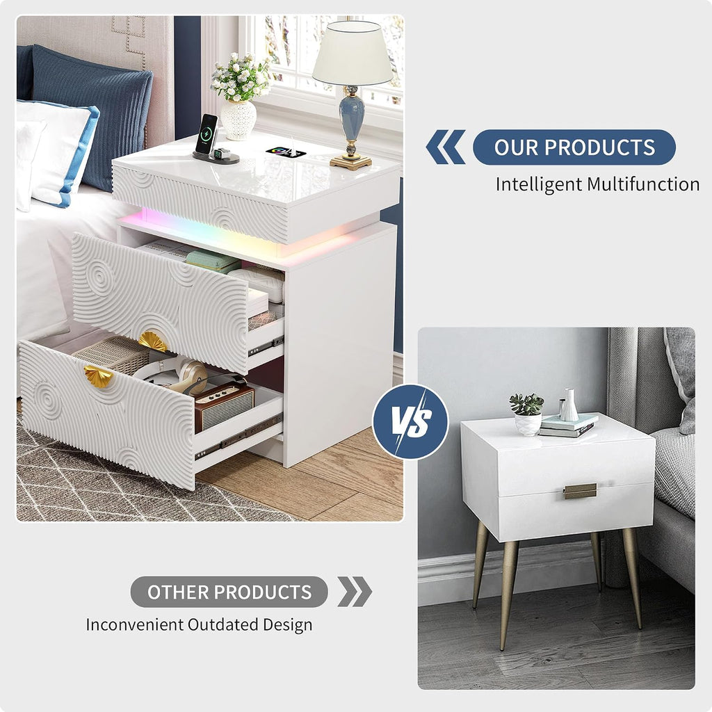 LED Nightstand with RGB Light and Lockable Hidden Drawer ,White | Night Stand with 2 Drawer, Smart Bedside Table with