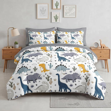 7 Pcs Comforter Set, Cute Dinosaur Dino Bedding for Kids Teen, Blue Yellow Dragon with Fitted Sheet 2