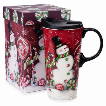 17oz Christmas Ceramic Coffee Mug with Lid, Snowman & Peppermint