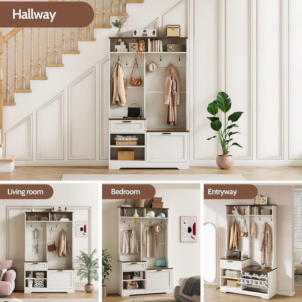Hall Tree with Bench and Shoe Storage, 6-in-1 Entryway Coat Rack with Flip Drawer Shoe Cabinet, 7 Hooks, 4 Storage