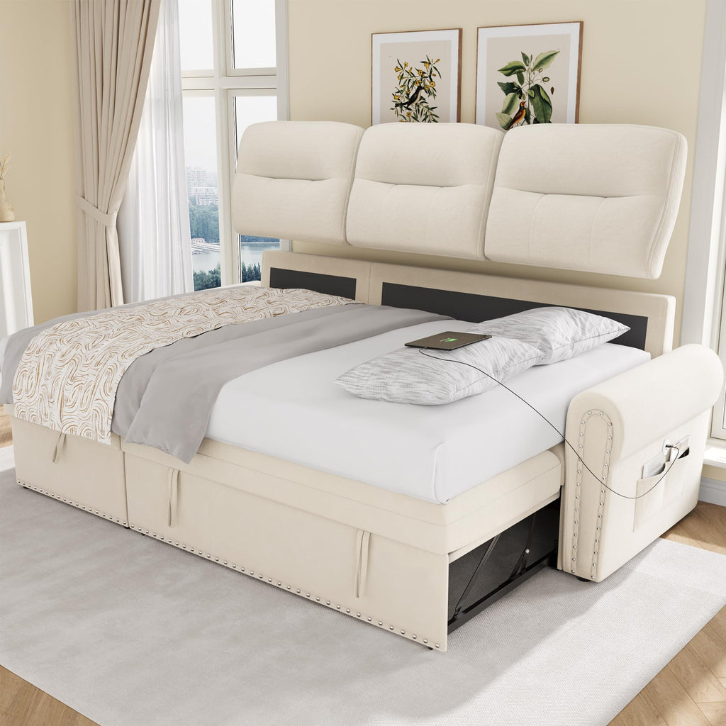 Sleeper Sofa Bed, 83'' Pull Out Couch Bed with Reversible Storage Chaise & Nailhead Armrest, Sectional Couches, Side