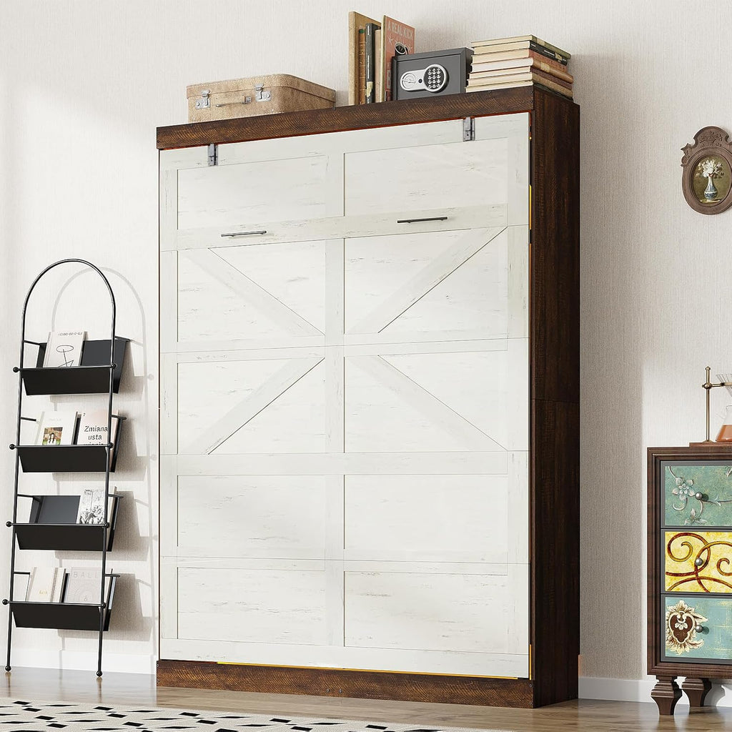 Full Murphy Bed with 2 LED Lights, Farmhouse Wood Hidden Foldable Wall Bed Frame w/Gas Struts, Storage Bed Cabinet