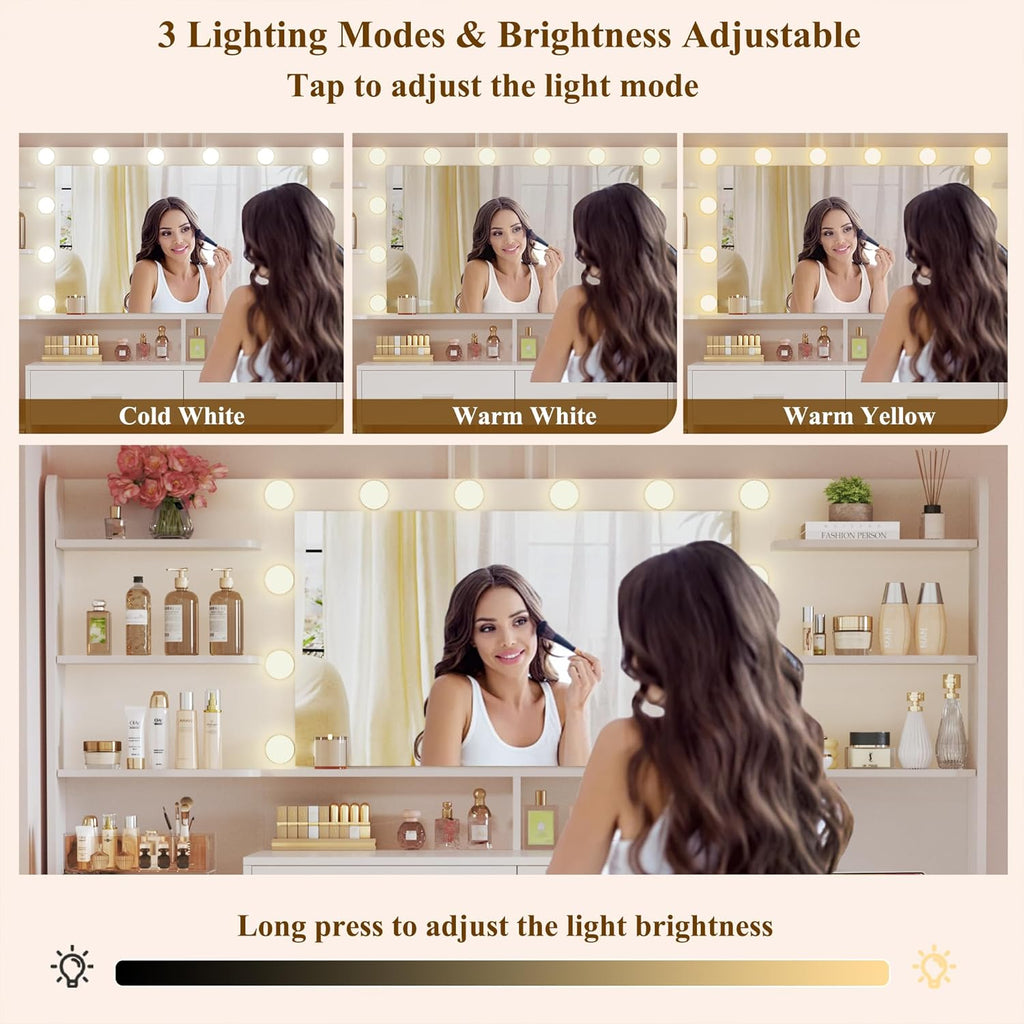 Large Vanity Desk with Mirror & Lights, White Makeup Vanity with 8 Drawers & 6 Storage Shelves, Vanity Set with LED