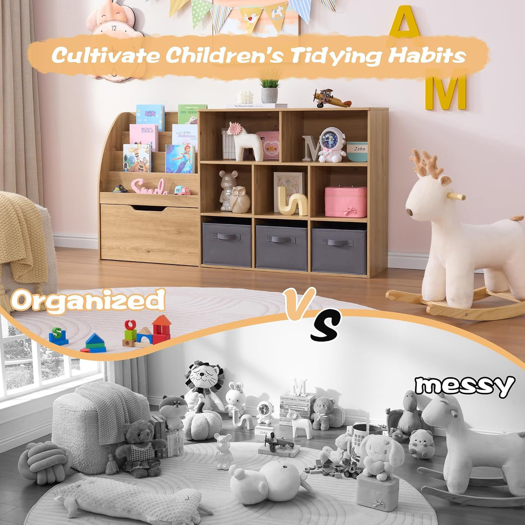 Kids Bookshelf and Toy Storage, Toy Storage Organizers with Movable Drawers & 3 Storage Bins, Kids Reading Nook Toy