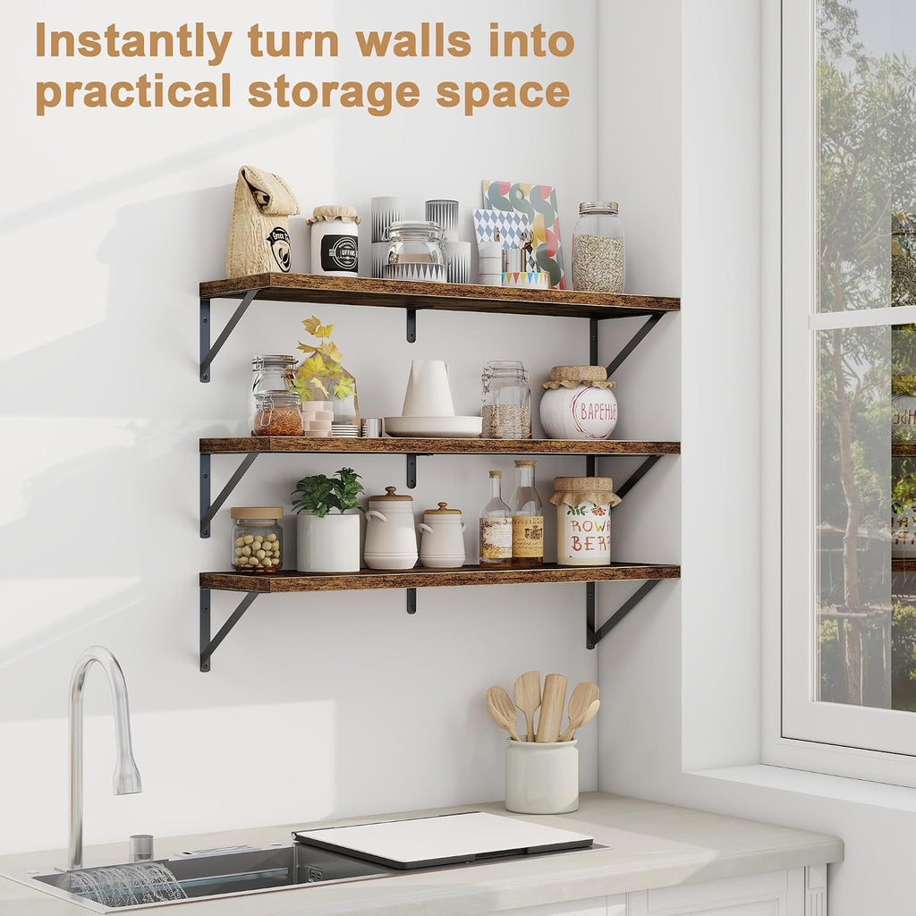 Floating Shelves for Wall, 36 Inches Long Set of 3 Wall Shelves , Floating Bookshelves with Metal Brackets  and