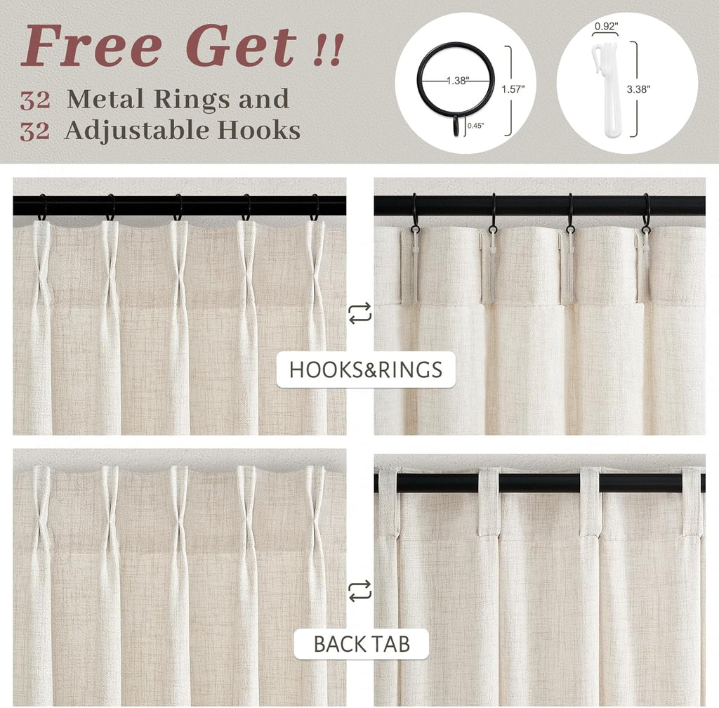 Pinch Pleated Linen Viral Curtains 4 Panels Set for Living Room, Birch Memory Trained Pleat Light