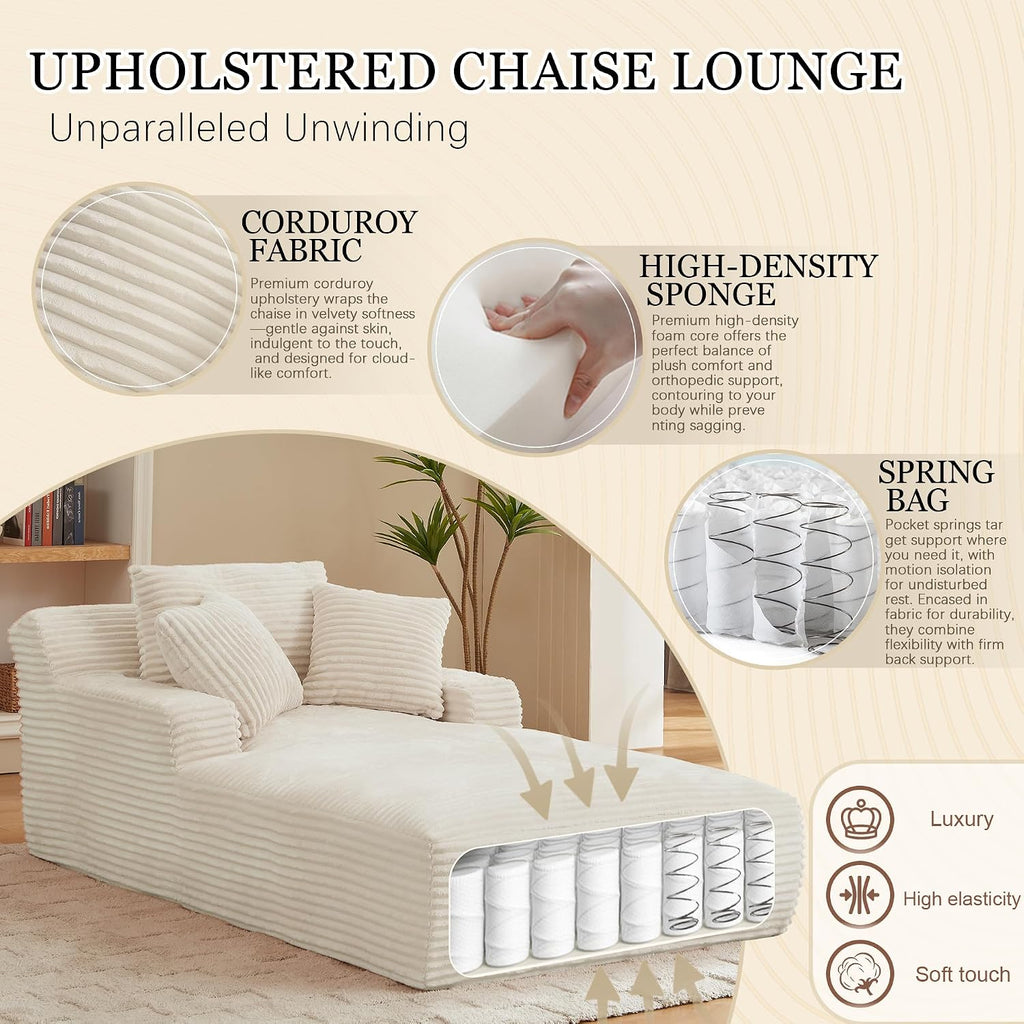 80 Inch Chaise Lounge Chair Indoor, Oversized Corduroy Upholstered Boneless Sofa Bed, Deep Seat Sleeper Couch Reading