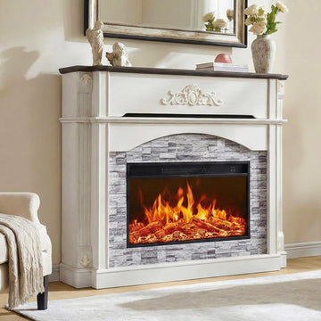 51" Electric Fireplace with Mantel, 45" Tall Carved Farmhouse Entertainment Center TV Stand with Storage Cubby and 30'' Freestanding Electric Fireplace for Living Room, White