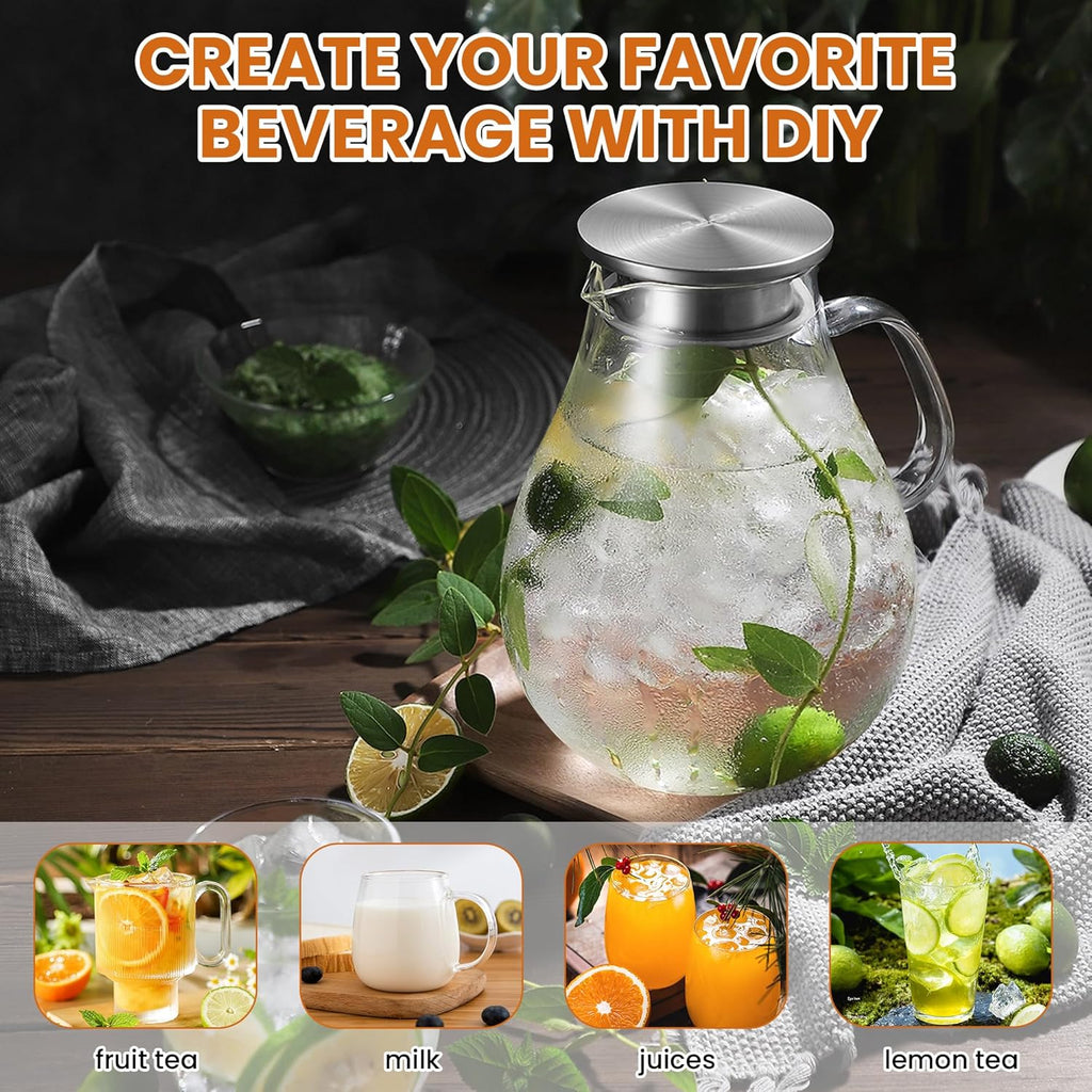 3 Litre 101oz Glass Pitcher Jar with Lid and Nozzle, 3.17Quart Cold/Hot Water Glass Water Bottle, Ice Tea for