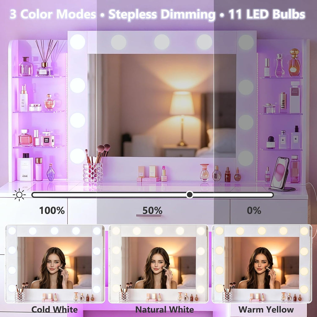 Vanity Desk with Mirror and Hollywood Lights, Makeup Vanity 6 Backlit Open Shelves with Frosted Panel & RGB Light