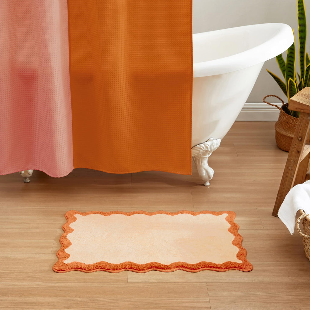 Bath Mat with Scalloped Wavy Ripple Design, Soft Absorbent Non-Slip Polyester Rug Floor, Shower or Kitchen (16x24