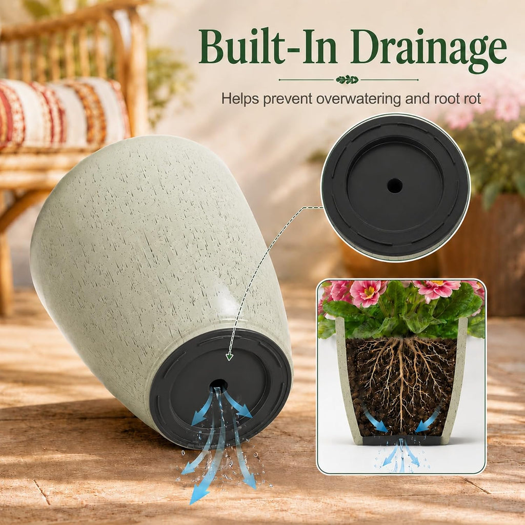 Set of 3 Tall Planter, 24/21/12in Large Planter, DripGlaze | Ceramic-Look, Lightweight, Built-in Drain Hole, Saucers