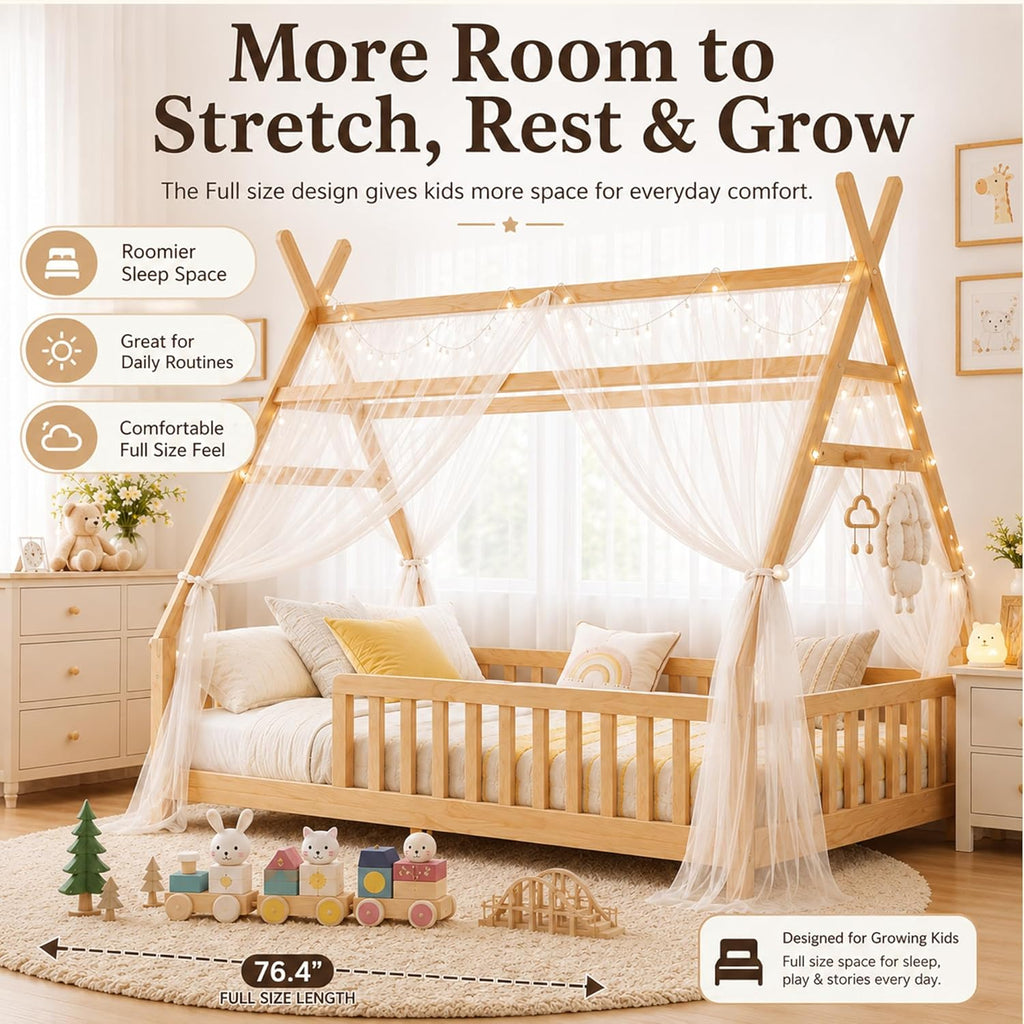 Full Size Montessori Floor Bed with Guardrails and LED Light, Tent-Shaped Full House Bed for Kids, Wood Full Bed
