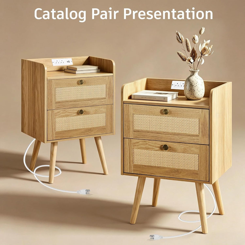 Nightstands Set of 2 with Charging Station, Modern Boho Rattan Bedside Tables with 2 Drawers,Open Storage End Tables