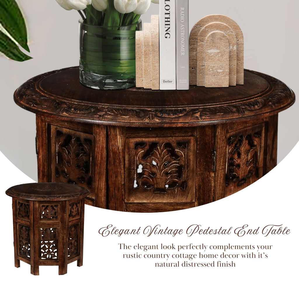 SideTable in Solid Wood With Hand Carving, End Table, Octangle Table 18x18