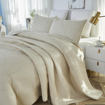 Beige Palm Stitch Quilt Set 100% Cotton Luxury Embroidered Palm Leaf Bedding Premium Summer Tropical Quilt