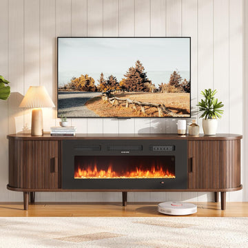70" Mid Century Modern TV Stand with Fireplace, Fluted Fireplace TV Stand, Entertainment Center with Sliding Door, TV