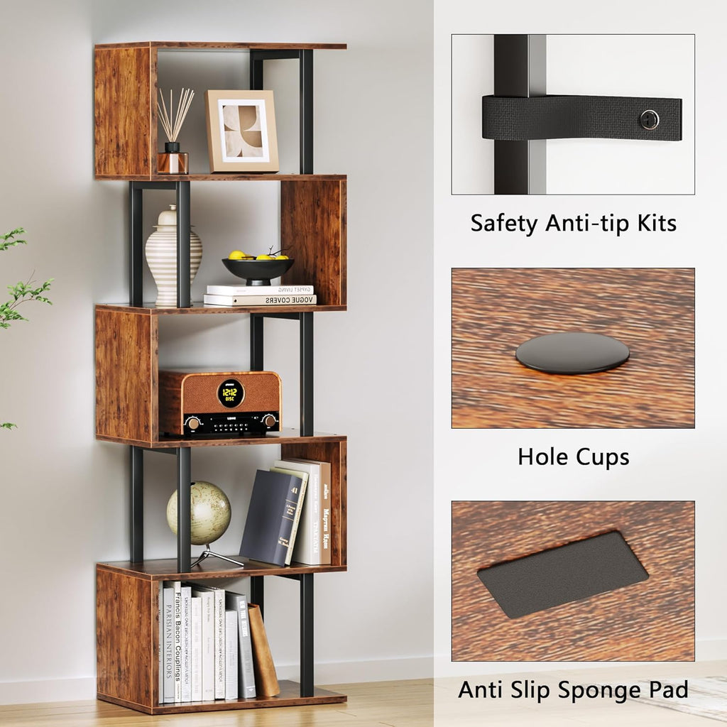 6 Tier Bookshelf, Tall S Shaped Geometric Bookcase, Modern Display Shelf Standing Unit