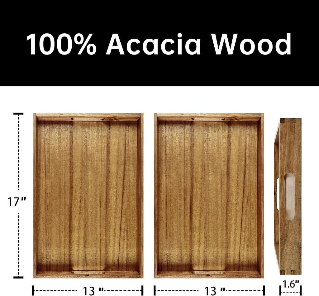 17-Inch Acacia Wood Serving Trays with Handles, Set of 2 - Decorative Wooden Trays for Coffee Table, Ottoman, Living