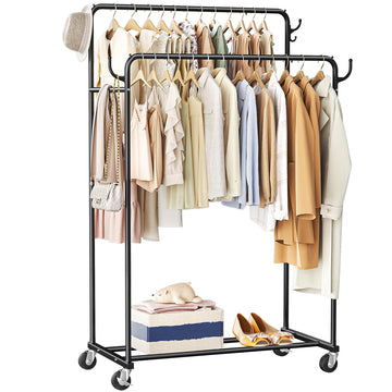 Clothes Rack, Rolling Clothing Rack with Double Rods for Hanging Clothes, Portable Garment Rack with Wheels, Metal