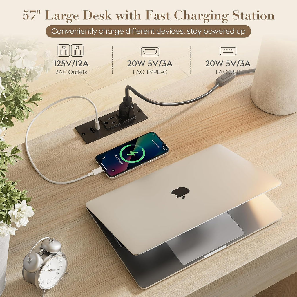 Executive Desk with 5 Drawers, 57" Modern Rattan Home Office Desk with Charging Station, File Drawer
