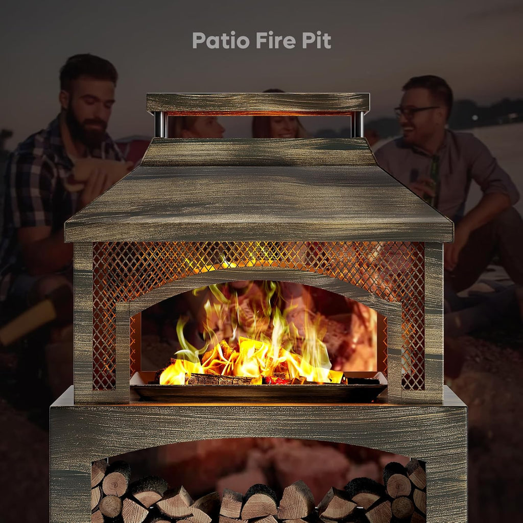 37" Fire Pits, Wood Burning Fireplace for Outside Rectangular Chiminea Outdoor Firepits with Poker, Wood Storage