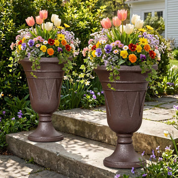 24"Tall Urn Planters for Outdoor Plants, Urns and Pedestal Set of 2