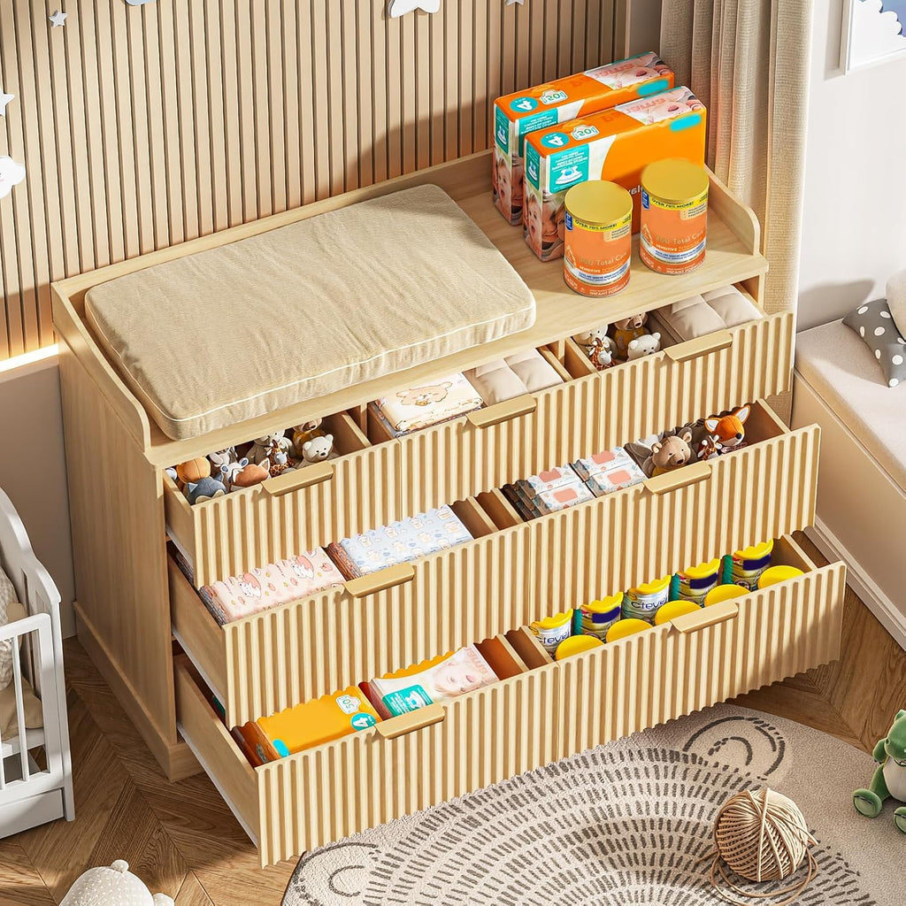 Nursery Dresser, 7 Drawer Wood Baby Dresser, Fluted Chest with Gold Handles, Safe & Spacious Storage Organizer for