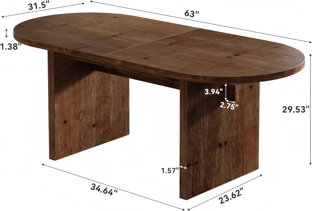 63-Inch Oval Dining Table, Farmhouse Solid Wood Kitchen Table for 4-6, Large Dinner Furniture with Double Pedestal