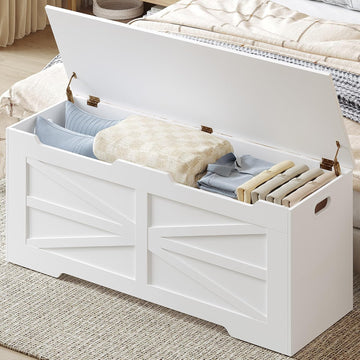 47" Large Storage Bench, 225L/59Gal FSC Wood Chest | Pure White | 330lb Seating | Double Hinges | Bedroom Blanket