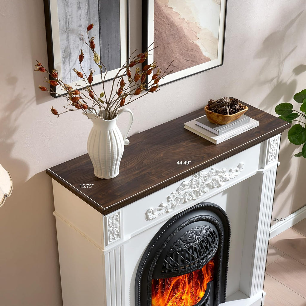 45" Birdcage-Style Electric Fireplace with Mantel, 46" Tall Fireplace TV Stand, Farmhouse Entertainment Center with Storage & Replaceable Insert Heater for Living Room, White+Walnut
