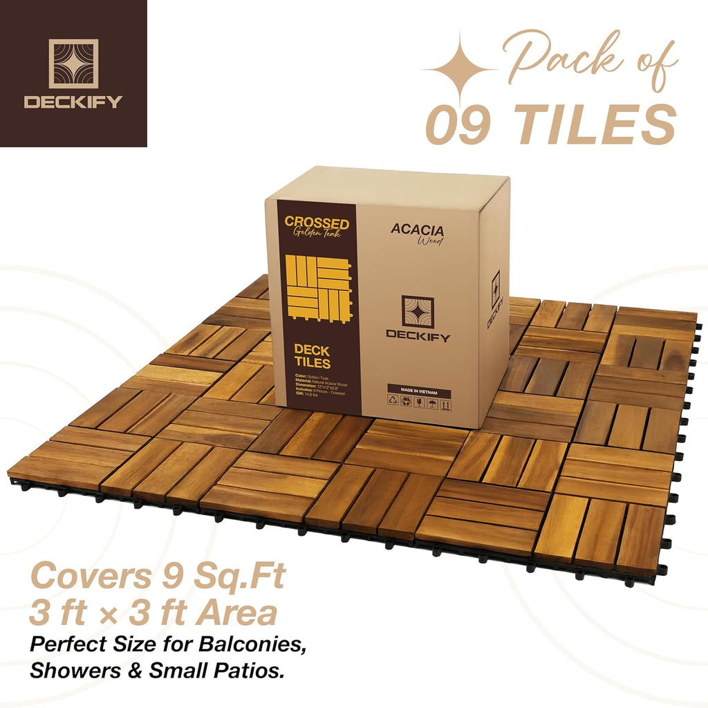 9Pcs Acacia Wood Interlocking Patio Deck Tiles, 12 x 12 x 0.9 Inch Outdoor Flooring, Waterproof for All-Weather Use