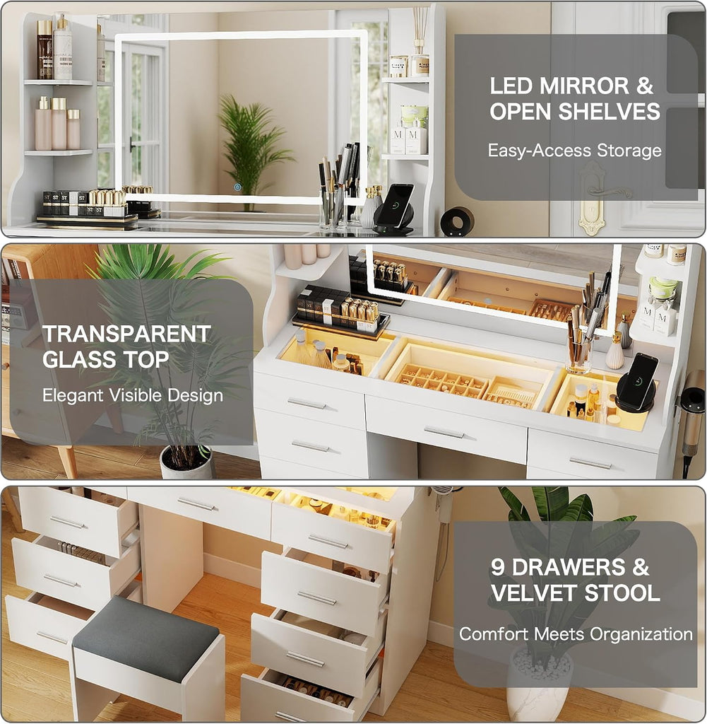 Vanity Desk with Mirror and Lights: 46" Makeup Vanity with 9 Drawers, Large Make Up Desk with Chair, Dressing Table