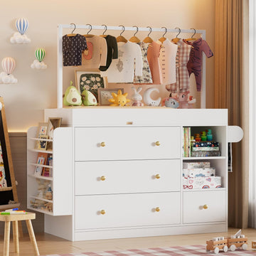 Modern Changing Table Dresser,Baby Dressing Table with 4 Drawers and Storage Shelves,Multi-Functional Baby Changing